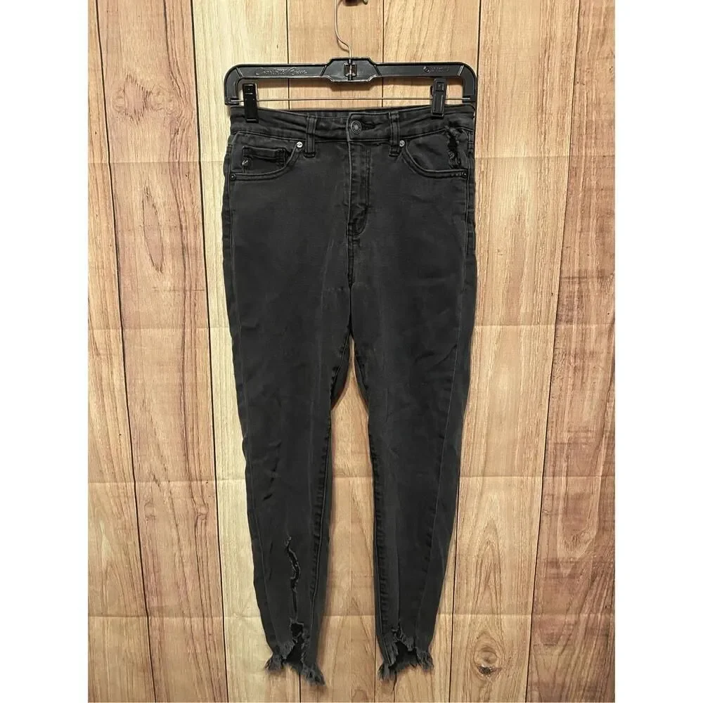 Kancan 5/26 black high rise skinny ankle jeans fringe pants womens
